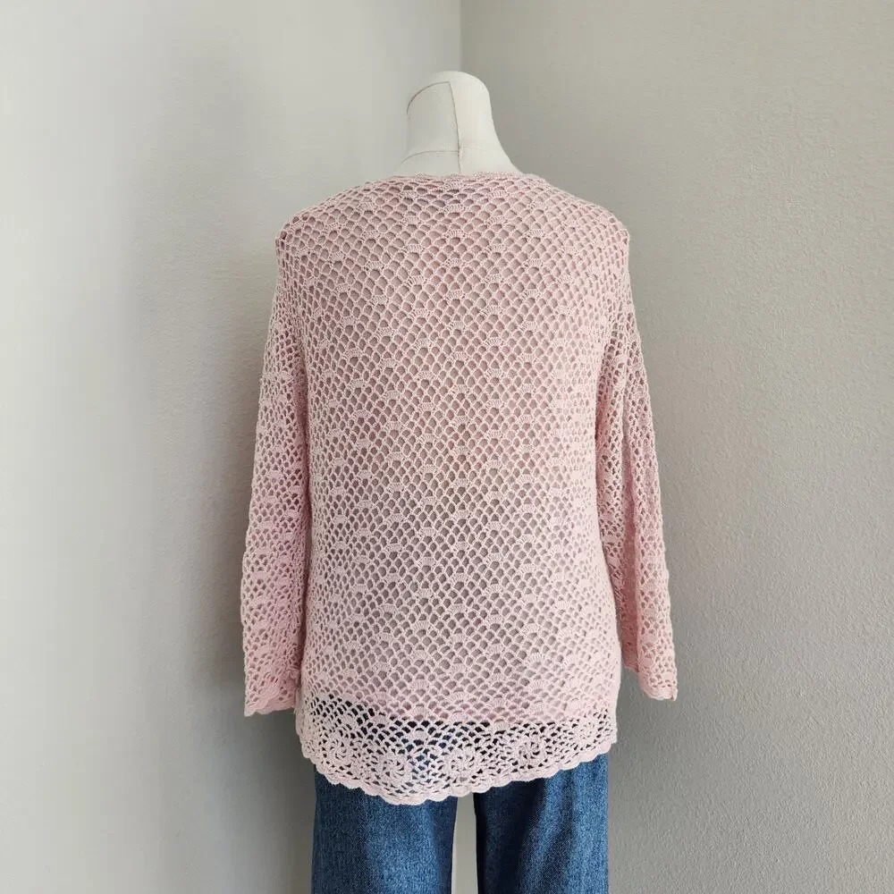 Vintage Y2K Croft & Barrow Pink Crochet Knit Boho Chic 3/4 Sleeve Top L